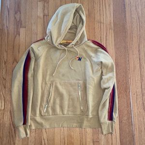 Aviator Nation Khaki Pullover with zippered pockets and velour rainbow stripes